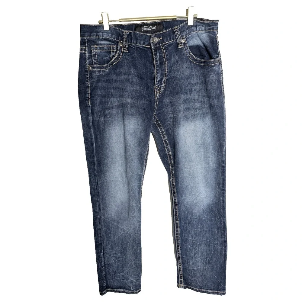 True Luck Denim Jeans Mens 34x32 Blue Straight Dark Wash Stretch Embroidered